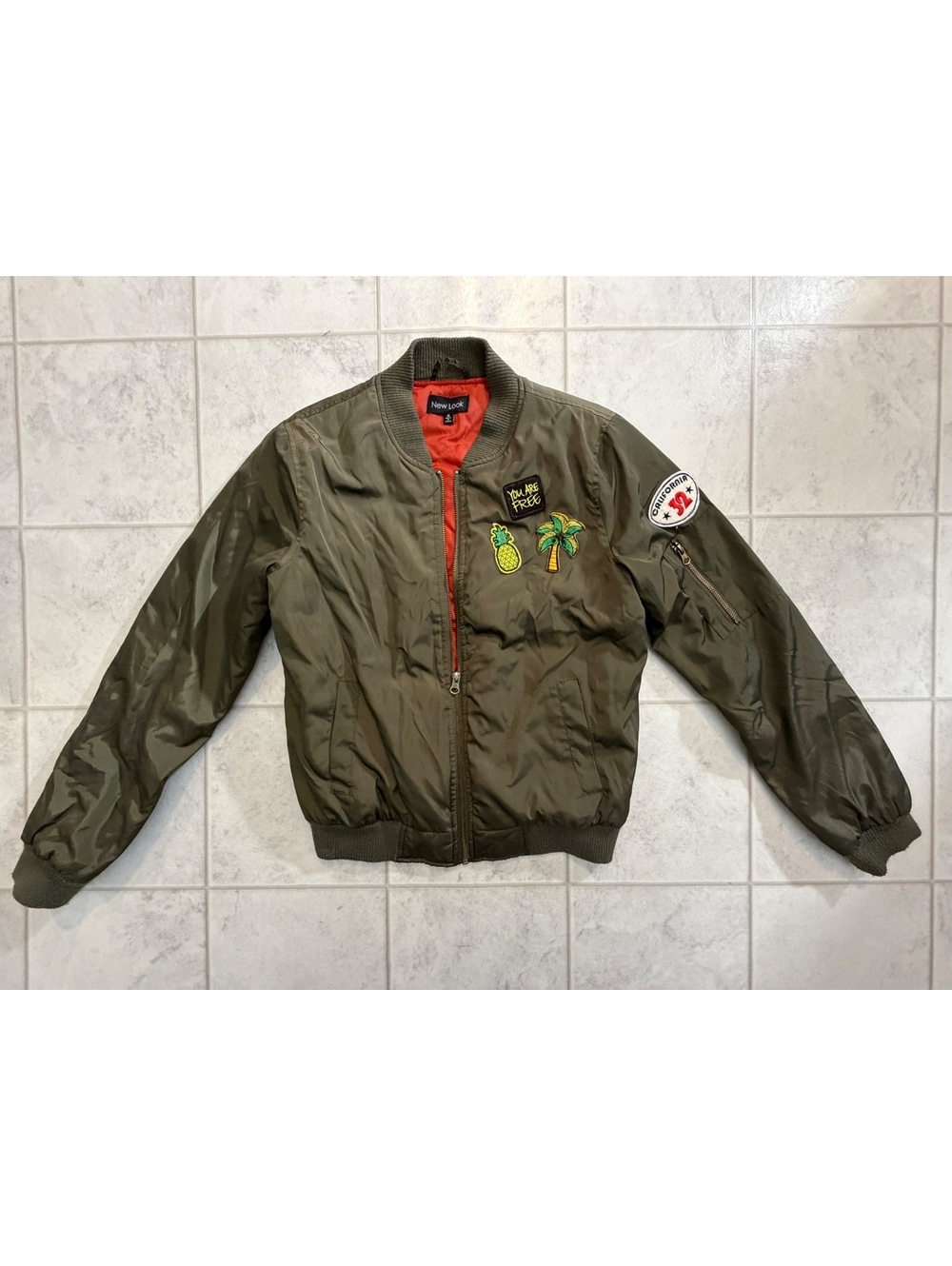 New Look olive bomber jacket with patches
